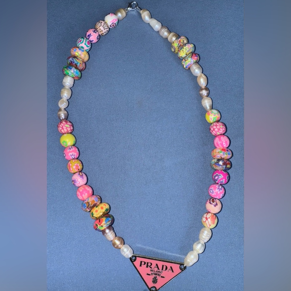 Repurposed Lux Prada Charm 7- 10mm fresh Water Pearls And Clay Beaded Necklace